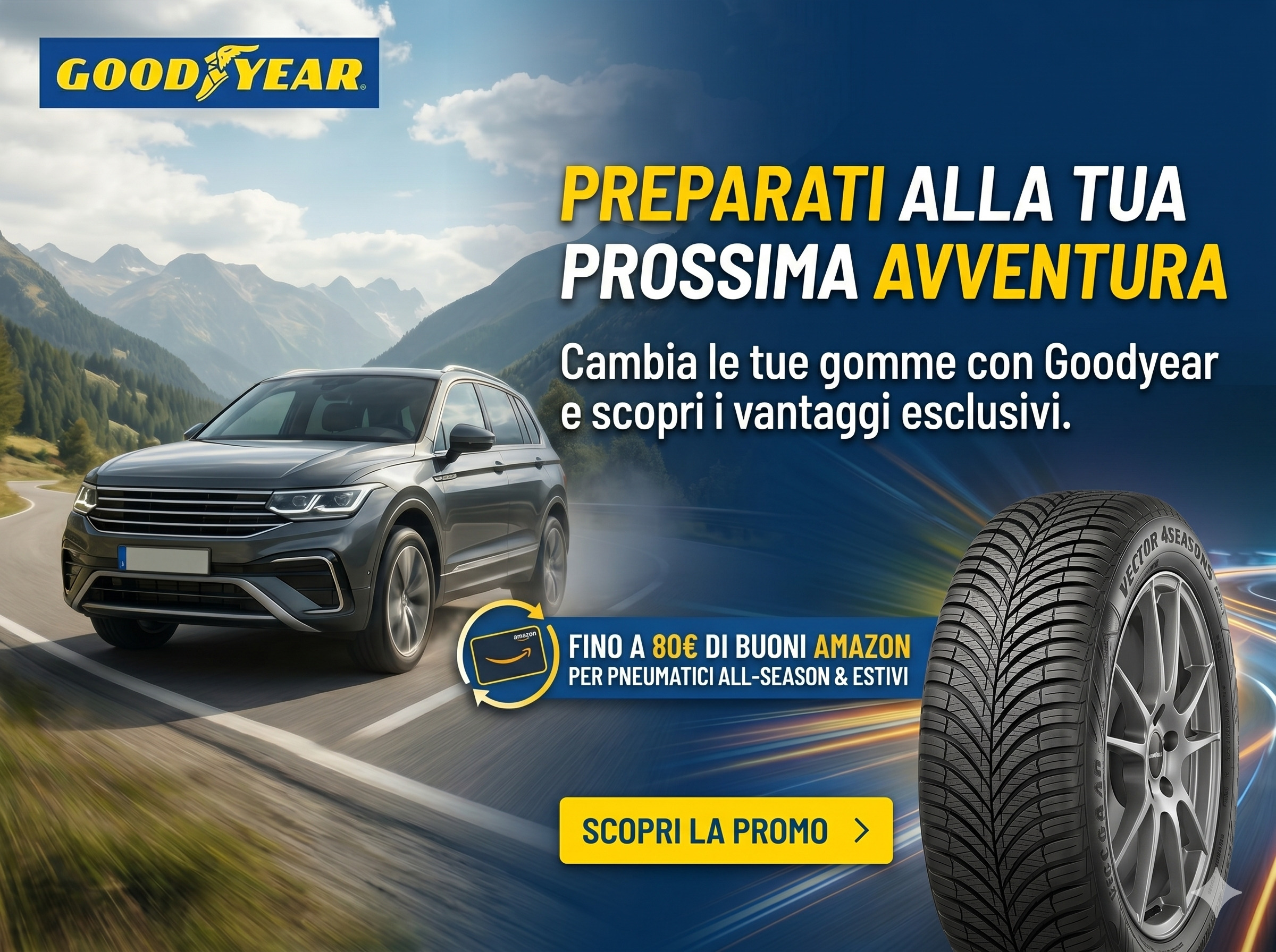 Promozione Goodyear 2026: Buoni Amazon fino a 80€ 